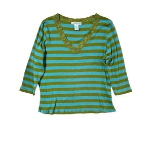 One Step Up Plus Striped V-Neck Lace Trim Top Blue Green 1X 3/4 Sleeve Ribbed